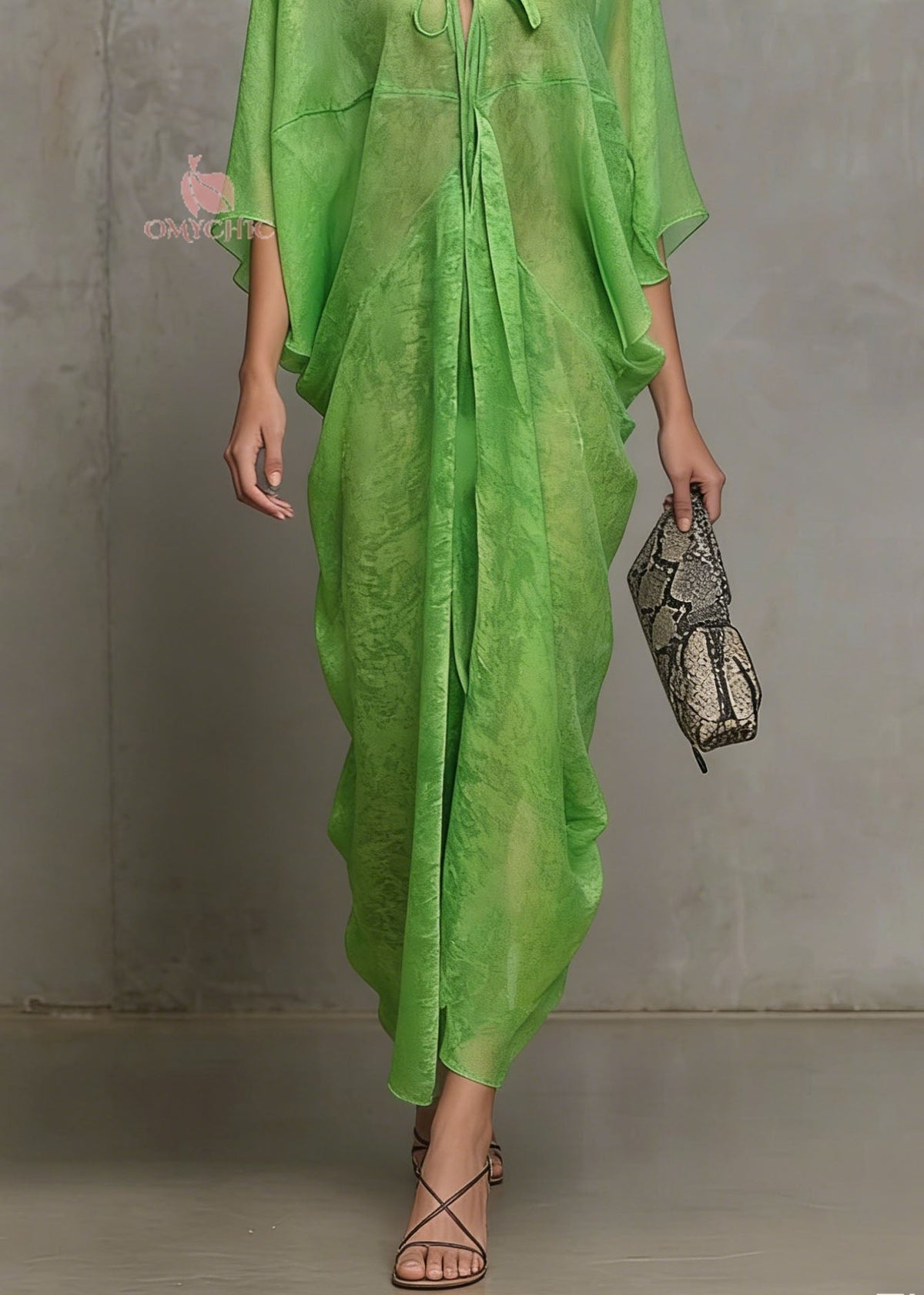 Deep V-Neck Tie-Front Sheer Draped Kaftan Maxi Dress