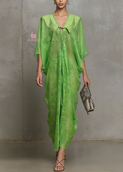 Deep V-Neck Tie-Front Sheer Draped Kaftan Maxi Dress