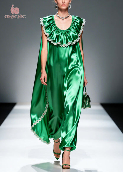 Satin Ruffle Collar Lace Trim Cape Maxi Gown
