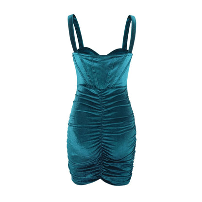 Green Velvet Dress Sexy Strapless Slim Slip Pleated Bodycon Twist Party Dress
