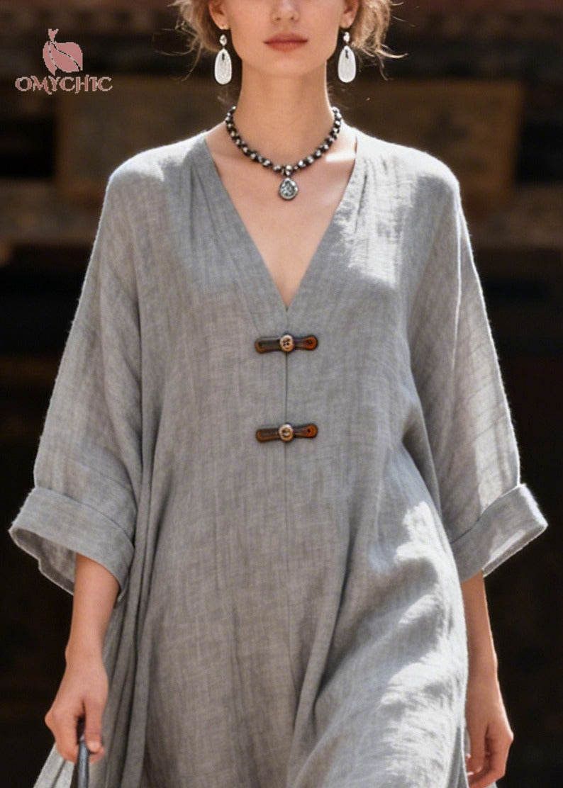 Deep V-Neck Frog Button Wide Cuff Linen Oversized Maxi Dress