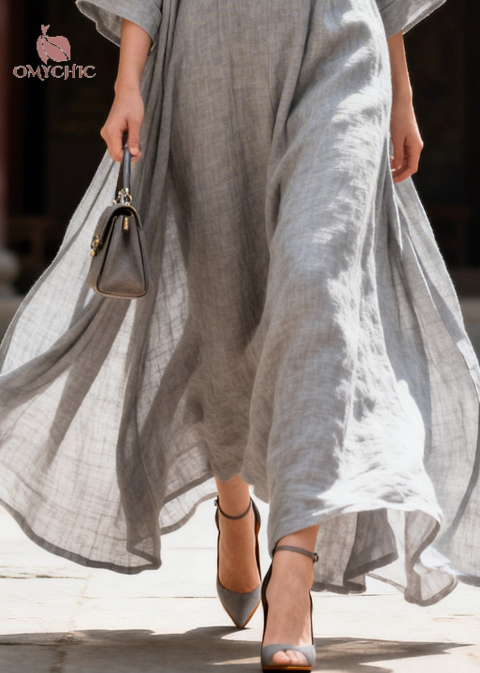 Deep V-Neck Frog Button Wide Cuff Linen Oversized Maxi Dress