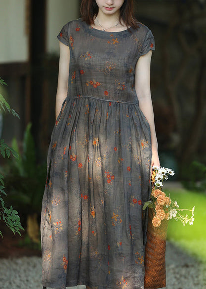 Round Neck Lace Up Pocket Print Linen Midi Dress