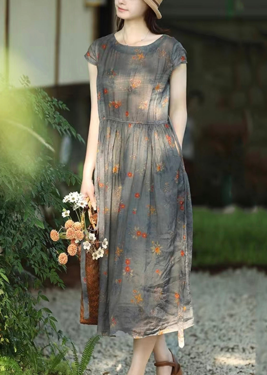 Round Neck Lace Up Pocket Print Linen Midi Dress