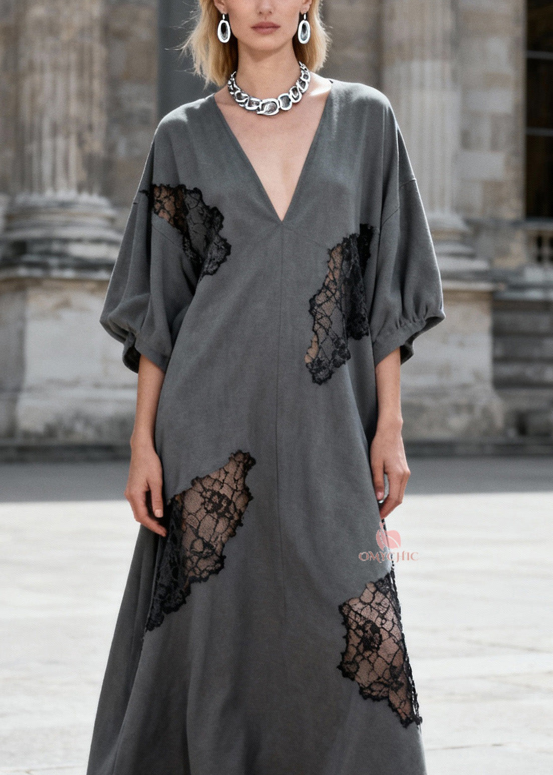 Deep V-Neck Puff Sleeve Floral Lace Insert Scalloped Hem Maxi Kaftan Dress