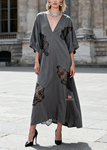 Deep V-Neck Puff Sleeve Floral Lace Insert Scalloped Hem Maxi Kaftan Dress