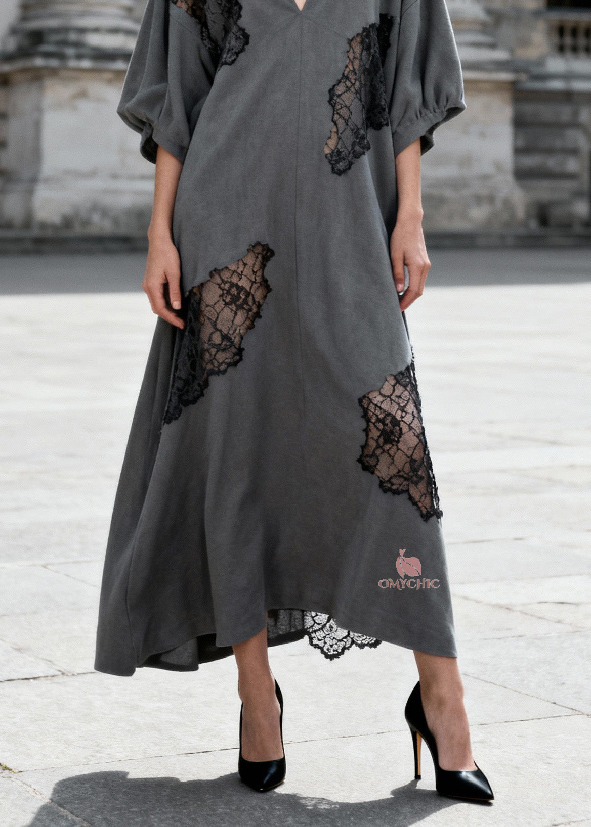 Deep V-Neck Puff Sleeve Floral Lace Insert Scalloped Hem Maxi Kaftan Dress