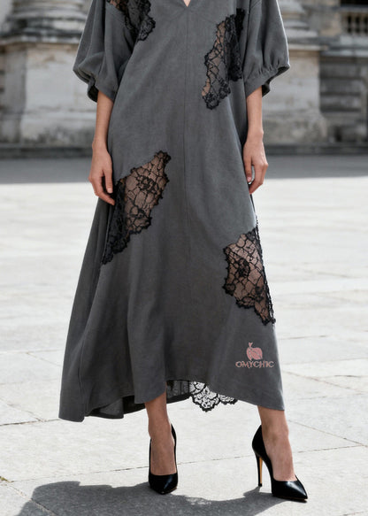 Deep V-Neck Puff Sleeve Floral Lace Insert Scalloped Hem Maxi Kaftan Dress