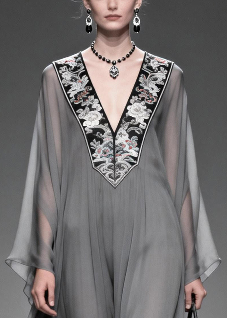 Deep V-Neck Embroidered Panel Wide Sleeve Sheer Kaftan Maxi Gown