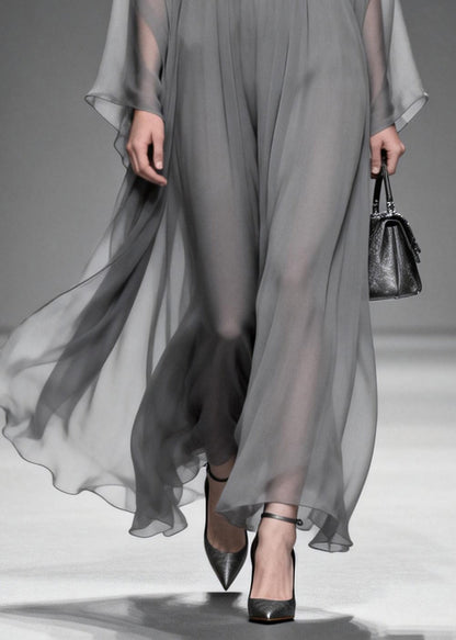 Deep V-Neck Embroidered Panel Wide Sleeve Sheer Kaftan Maxi Gown