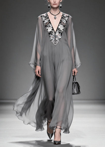 Deep V-Neck Embroidered Panel Wide Sleeve Sheer Kaftan Maxi Gown