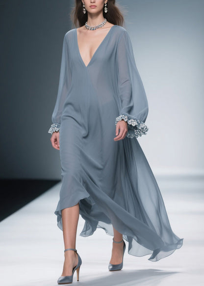 Deep V-Neck Bishop Sleeve Floral Lace Applique Cuff Chiffon Wrap Maxi Gown