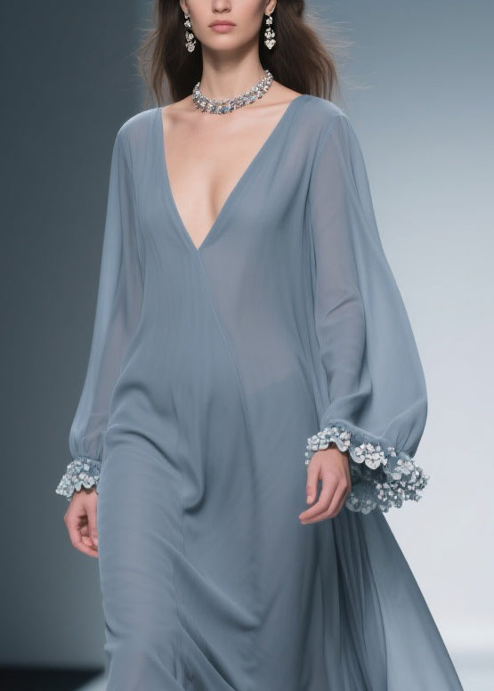 Deep V-Neck Bishop Sleeve Floral Lace Applique Cuff Chiffon Wrap Maxi Gown