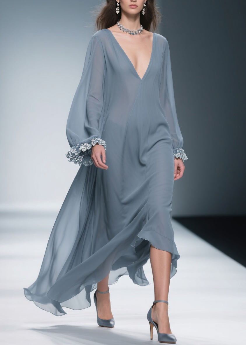 Deep V-Neck Bishop Sleeve Floral Lace Applique Cuff Chiffon Wrap Maxi Gown