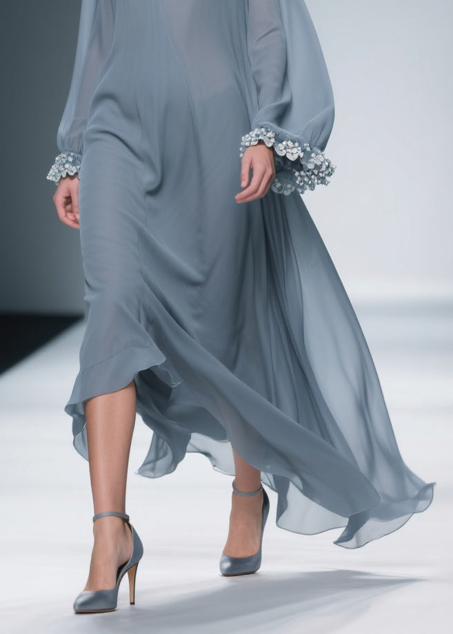 Deep V-Neck Bishop Sleeve Floral Lace Applique Cuff Chiffon Wrap Maxi Gown
