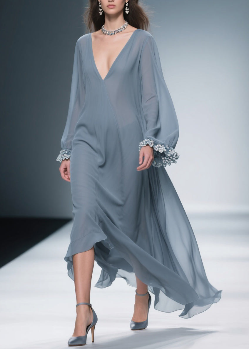 Deep V-Neck Bishop Sleeve Floral Lace Applique Cuff Chiffon Wrap Maxi Gown