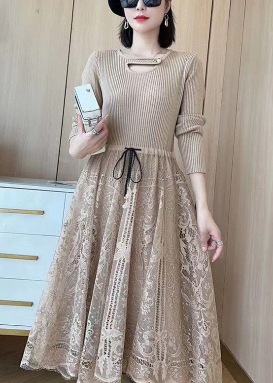 Rib Knit Metal Bar Keyhole Neck Lace Overlay Drawstring Waist Midi Dress