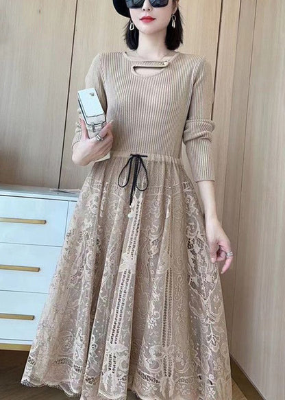 Rib Knit Metal Bar Keyhole Neck Lace Overlay Drawstring Waist Midi Dress