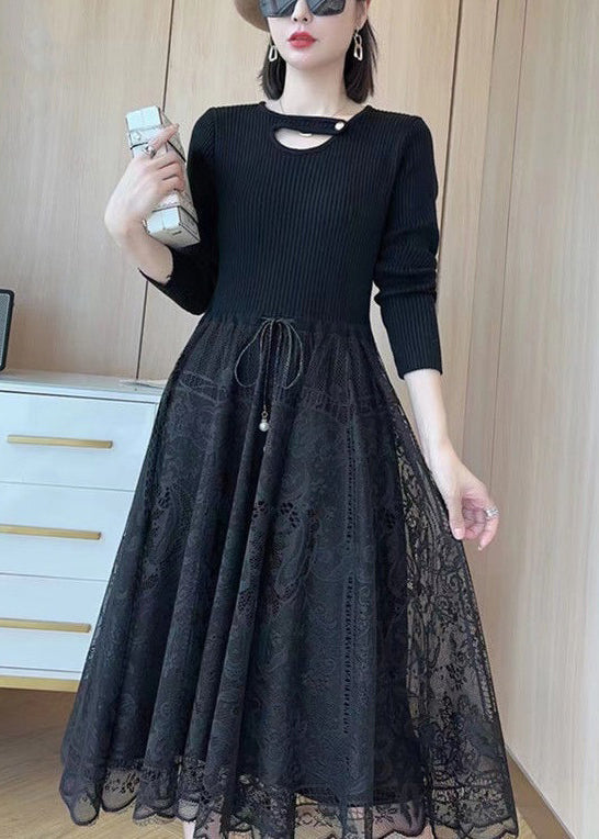 Rib Knit Metal Bar Keyhole Neck Lace Overlay Drawstring Waist Midi Dress