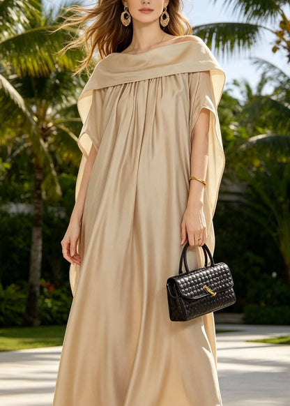Off Shoulder Draped Collar Pleated Wide Sleeve Floor-Length Gown