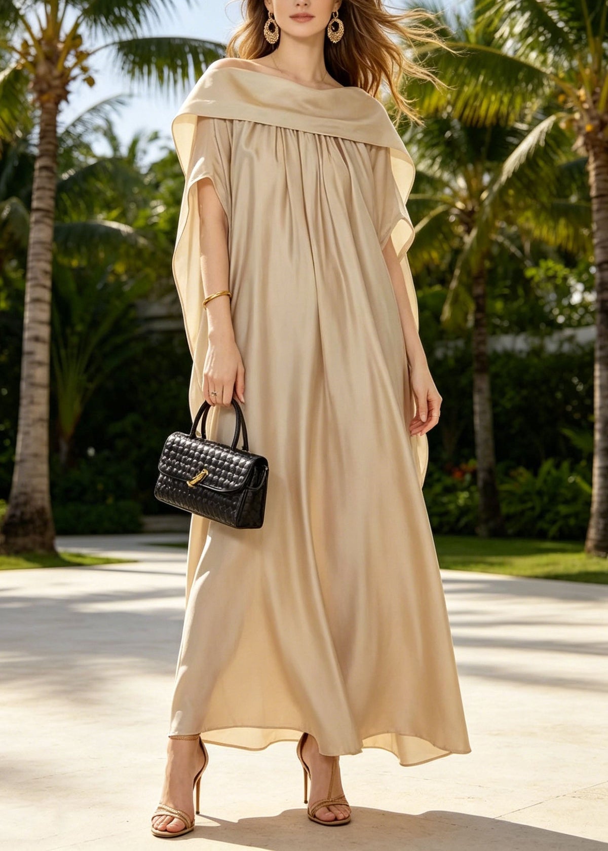Off Shoulder Draped Collar Pleated Wide Sleeve Floor-Length Gown