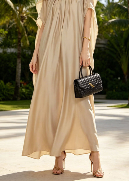 Off Shoulder Draped Collar Pleated Wide Sleeve Floor-Length Gown