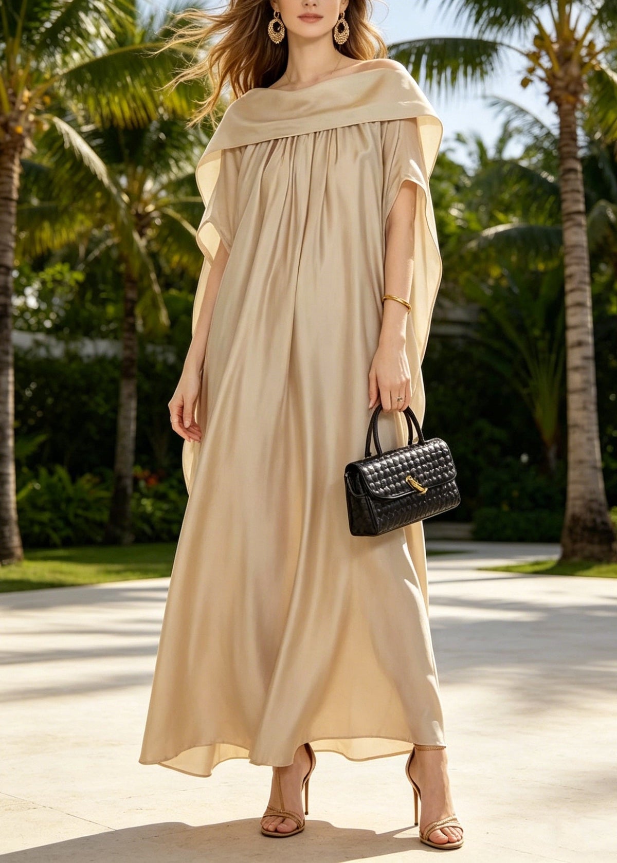 Off Shoulder Draped Collar Pleated Wide Sleeve Floor-Length Gown