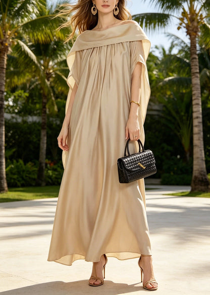 Off Shoulder Draped Collar Pleated Wide Sleeve Floor-Length Gown