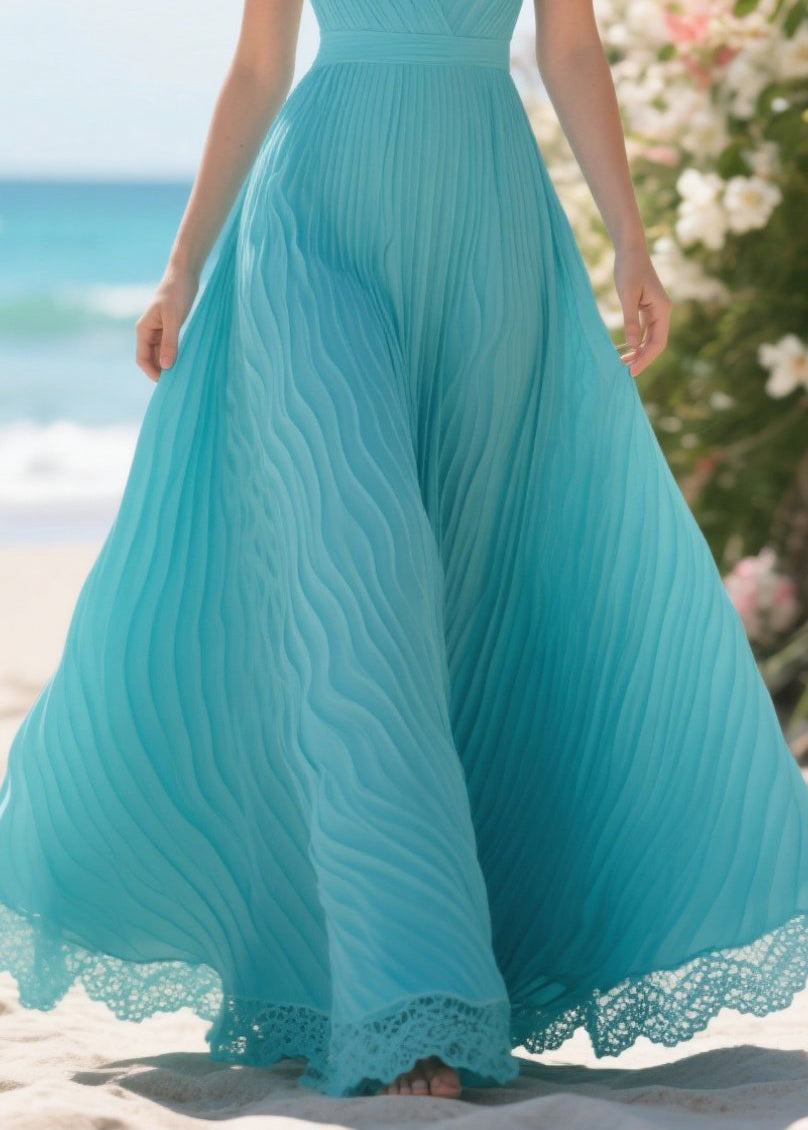 Surplice V-Neck Accordion Pleated Lace Trim Floor-Length Gown