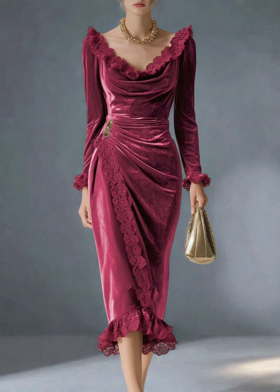 Cowl Neck Lace Trim Wrap Velvet Midi Dress