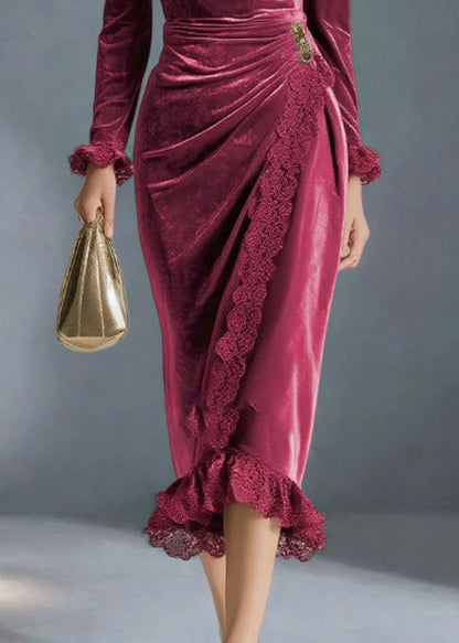 Cowl Neck Lace Trim Wrap Velvet Midi Dress