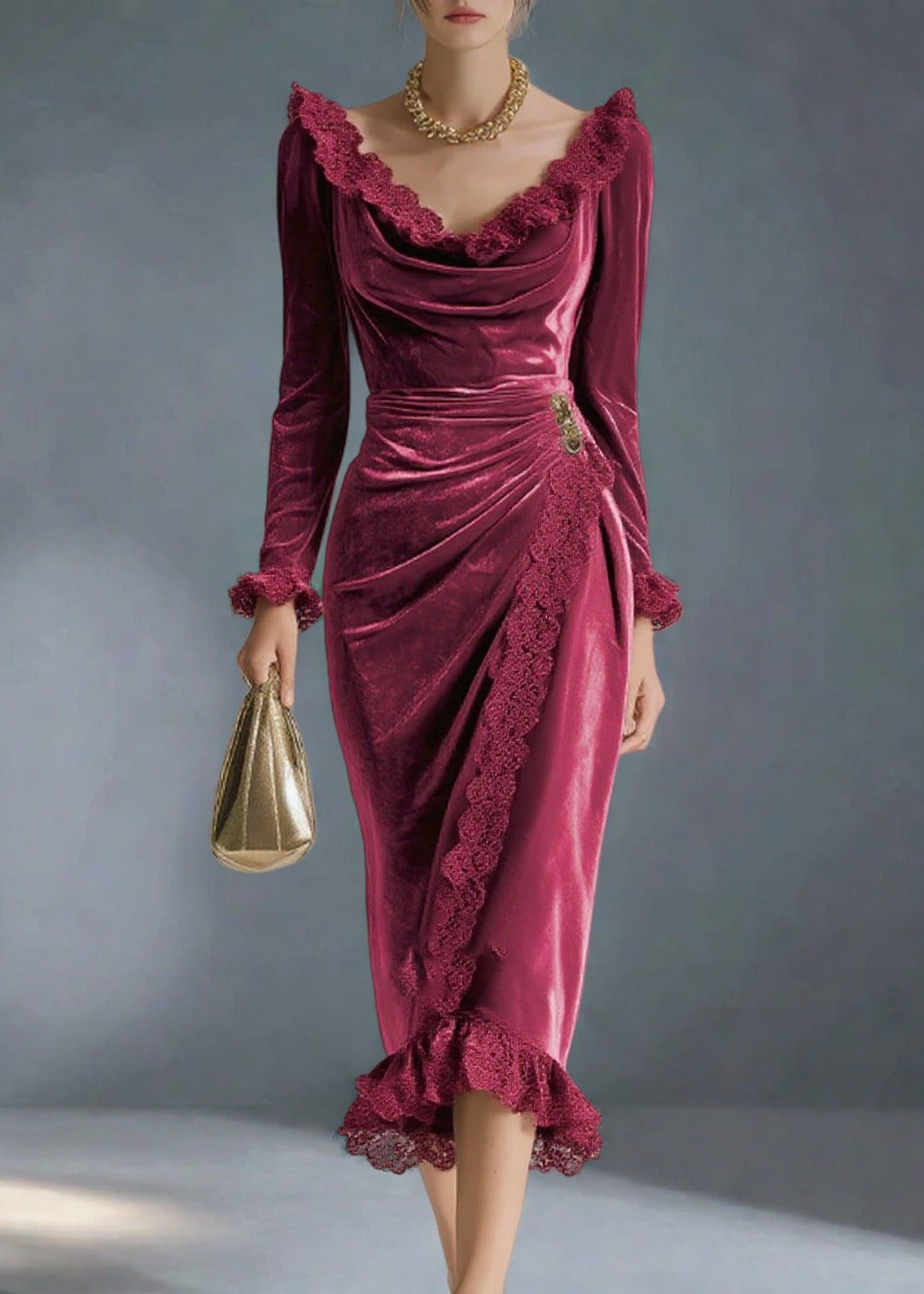 Cowl Neck Lace Trim Wrap Velvet Midi Dress