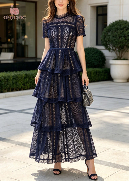 High Neck Scalloped Lace Short Sleeve Tiered Pleated Belted Floor-Length Gown