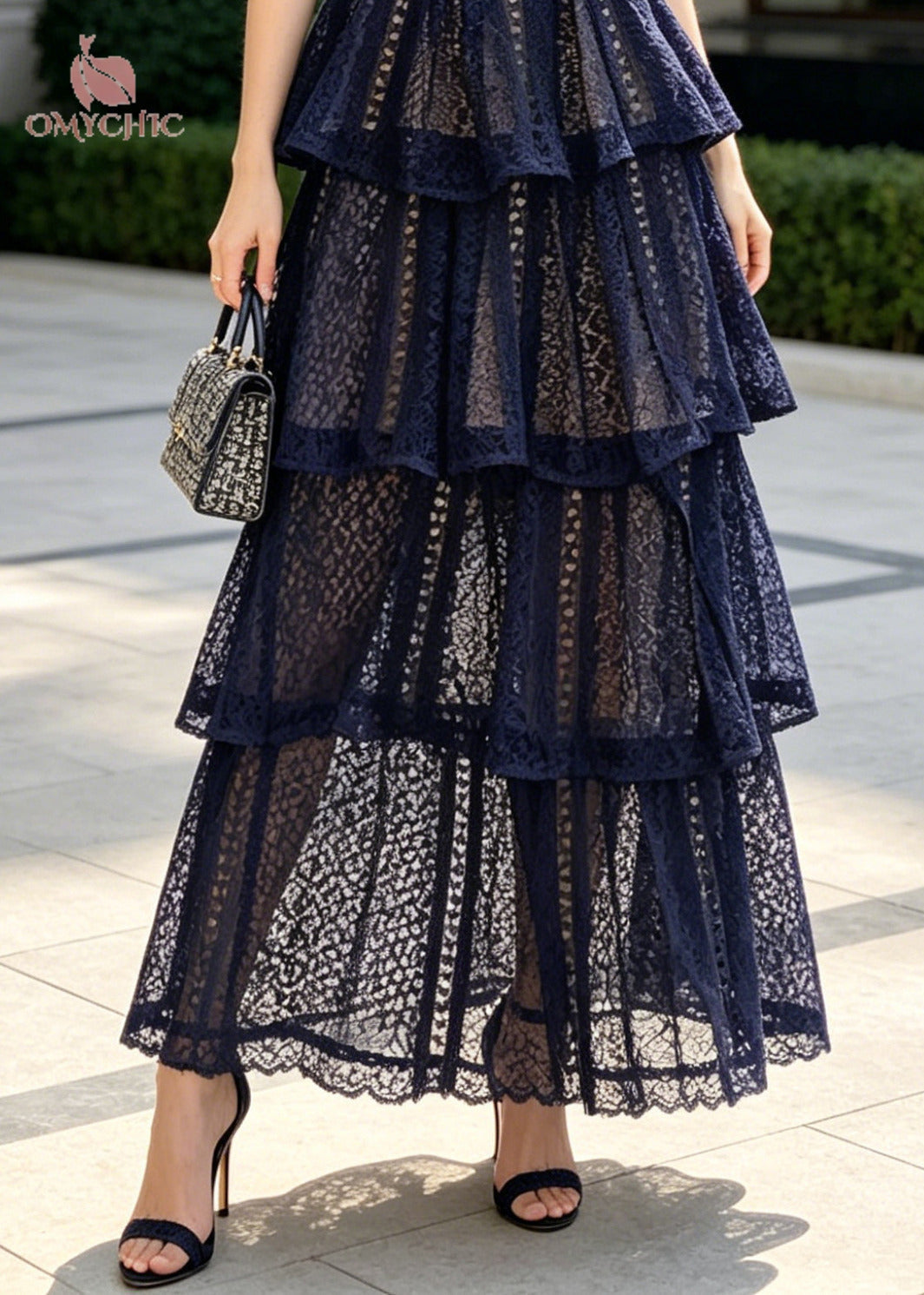 High Neck Scalloped Lace Short Sleeve Tiered Pleated Belted Floor-Length Gown