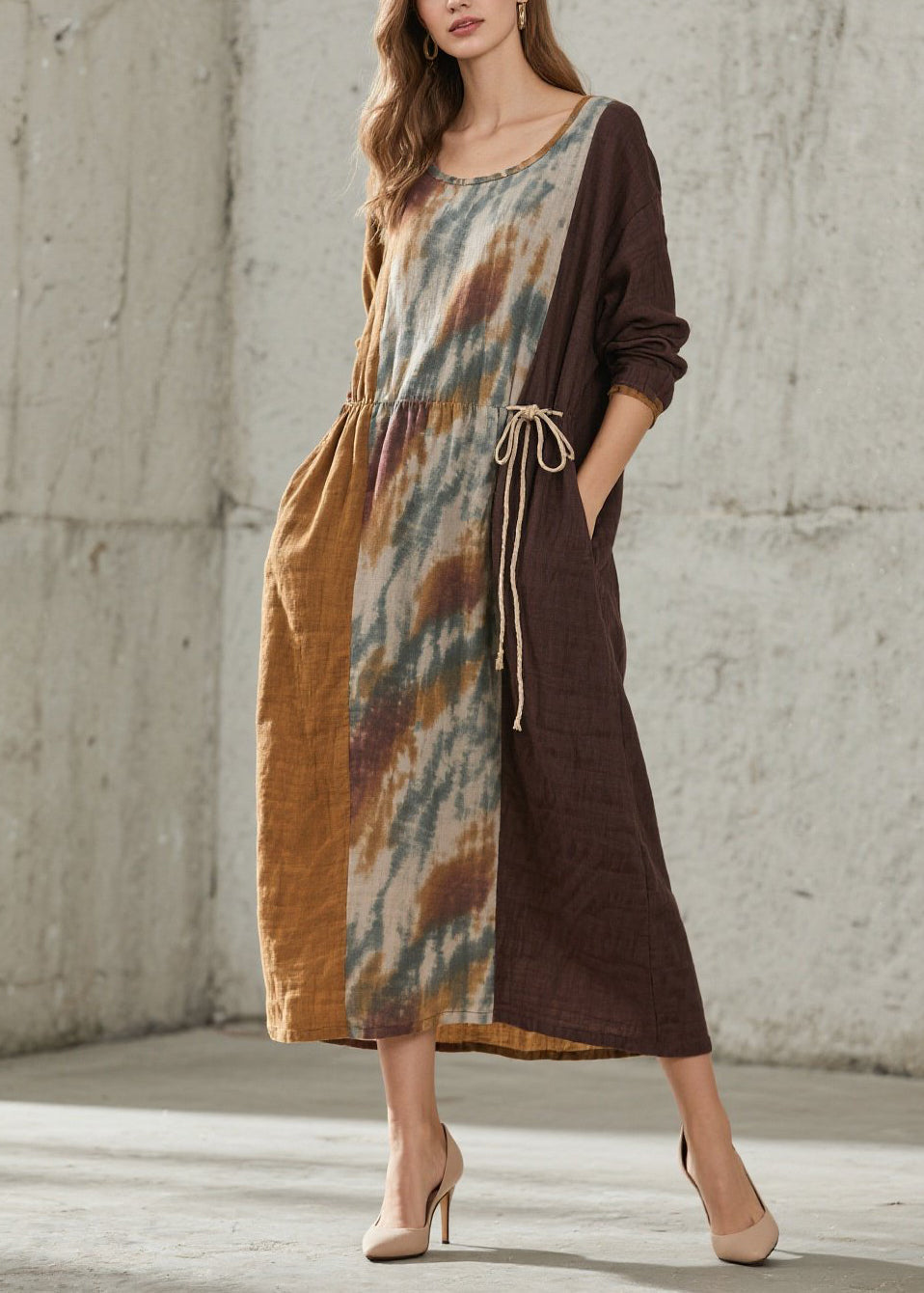 Round Neck Drawstring Waist Center Batik Panel Linen Midi Dress
