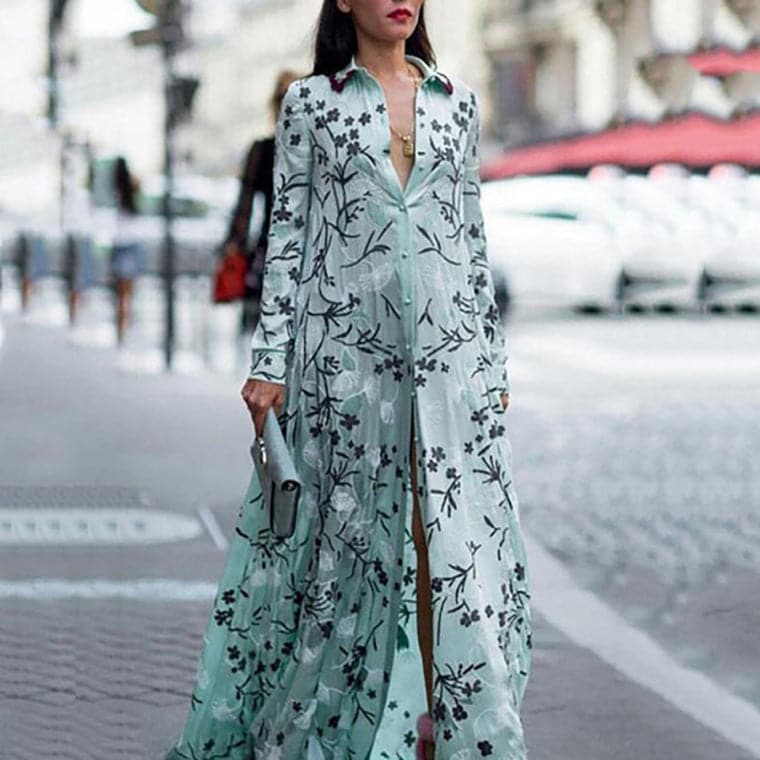 Pointed Collar Button Front Long Sleeve Botanical Print Maxi Shirt Dress