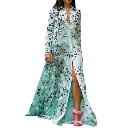 Pointed Collar Button Front Long Sleeve Botanical Print Maxi Shirt Dress