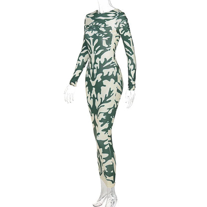 Long Sleeve Crew Neck Abstract Damask Print Bodycon Maxi Dress