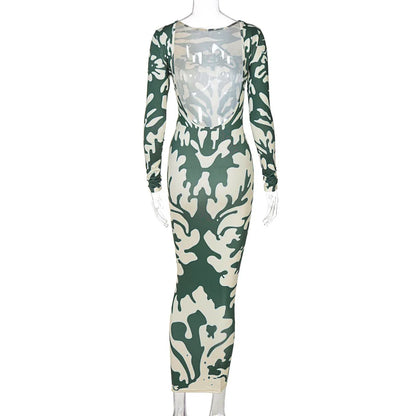 Long Sleeve Crew Neck Abstract Damask Print Bodycon Maxi Dress