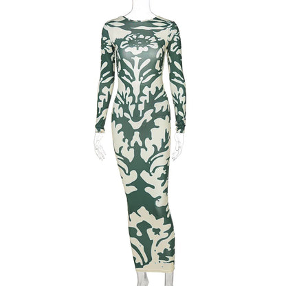 Long Sleeve Crew Neck Abstract Damask Print Bodycon Maxi Dress