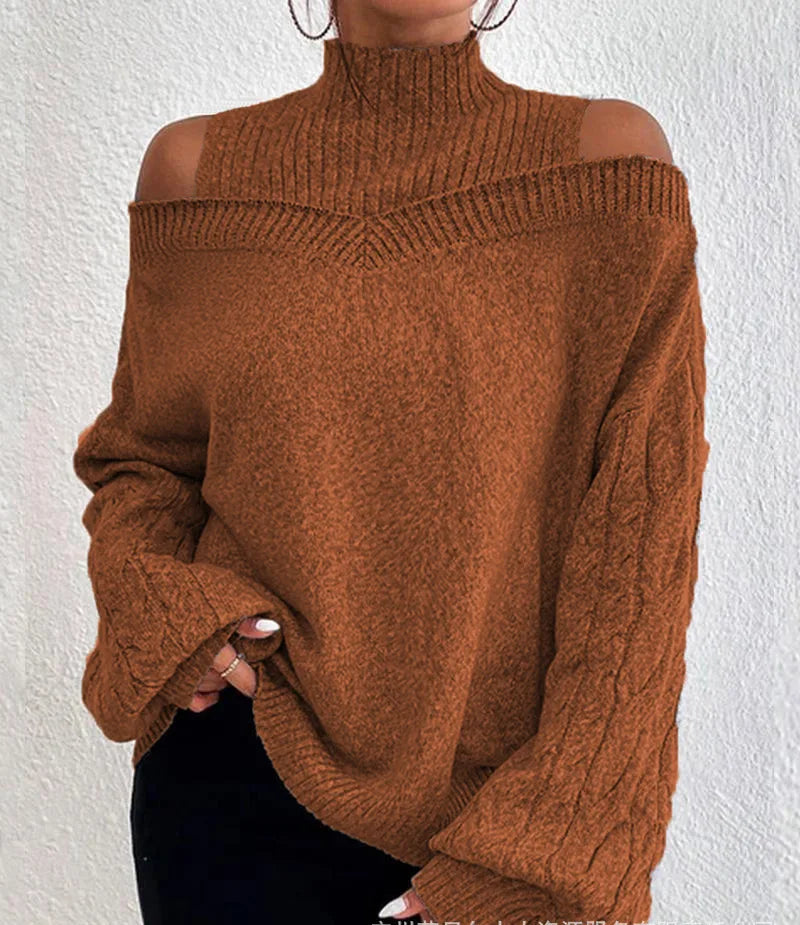 Off Shoulder Semi High Neck Knit Sweater