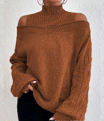 Off Shoulder Semi High Neck Knit Sweater