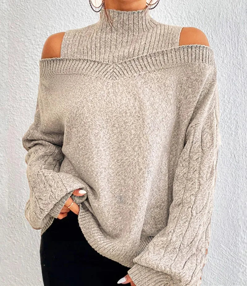 Off Shoulder Semi High Neck Knit Sweater
