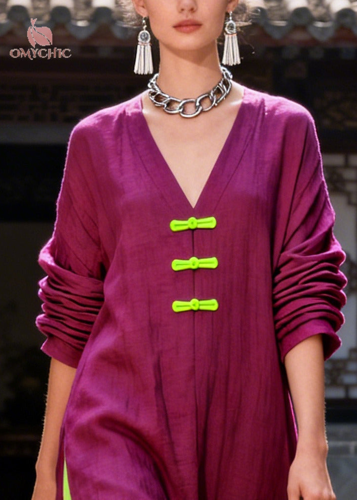 Deep V-Neck Frog Button High Side Slit Wide Leg Linen Maxi Dress