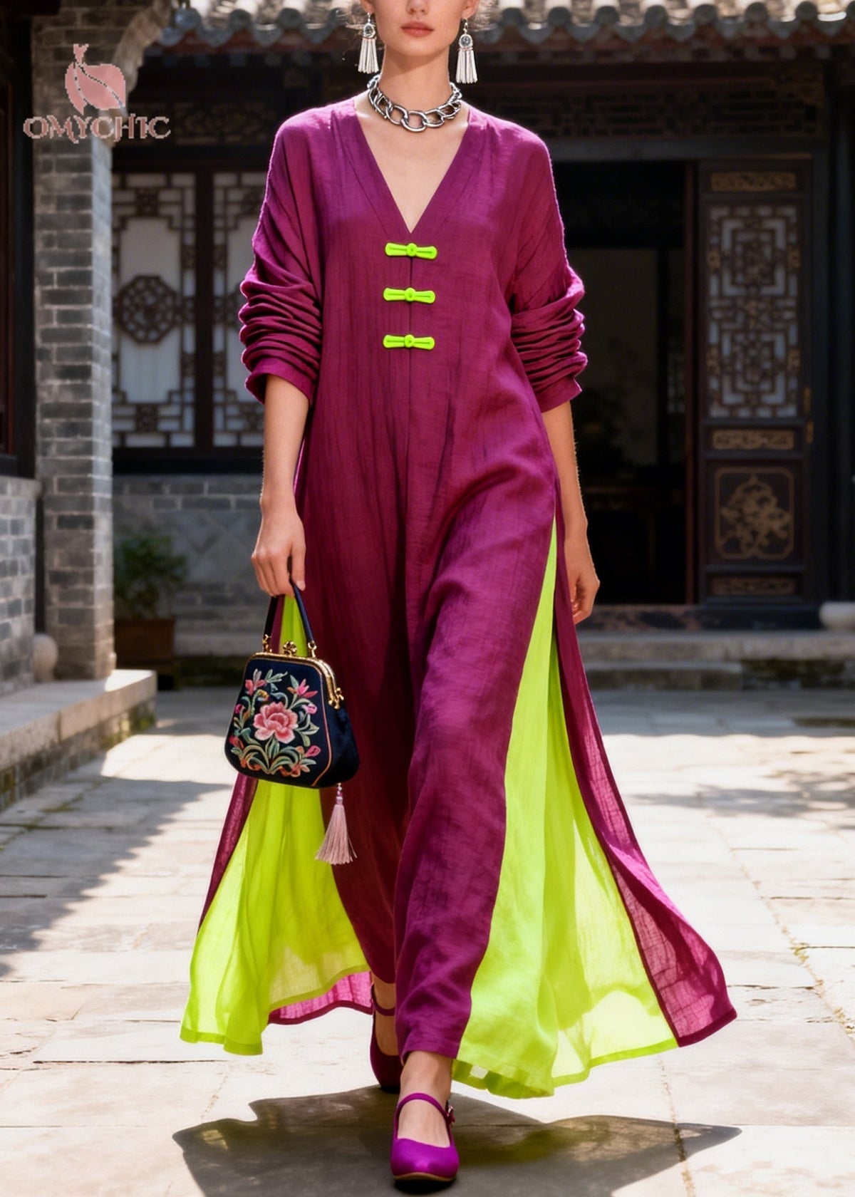 Deep V-Neck Frog Button High Side Slit Wide Leg Linen Maxi Dress