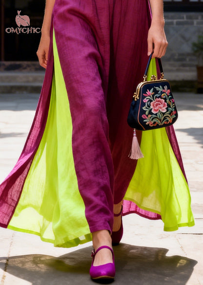 Deep V-Neck Frog Button High Side Slit Wide Leg Linen Maxi Dress