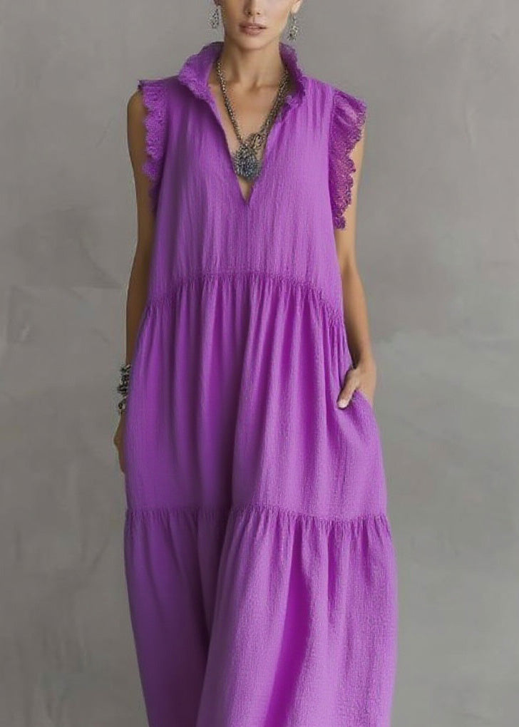 V-Neck Ruffled Collar Lace Trim Sleeveless Tiered Pocket Crinkle Midi Dress