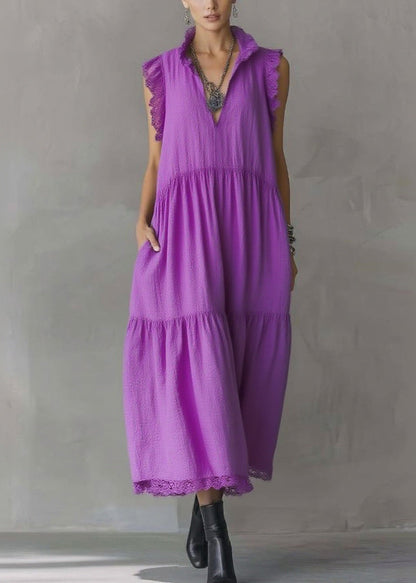 V-Neck Ruffled Collar Lace Trim Sleeveless Tiered Pocket Crinkle Midi Dress