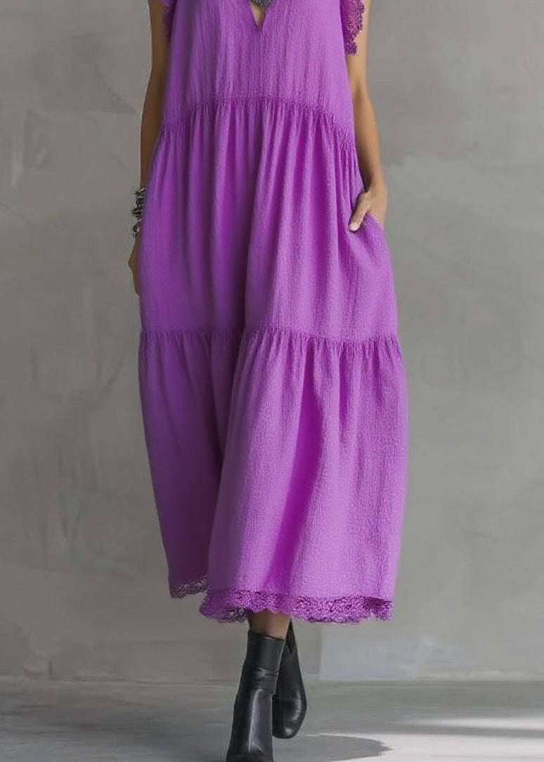 V-Neck Ruffled Collar Lace Trim Sleeveless Tiered Pocket Crinkle Midi Dress