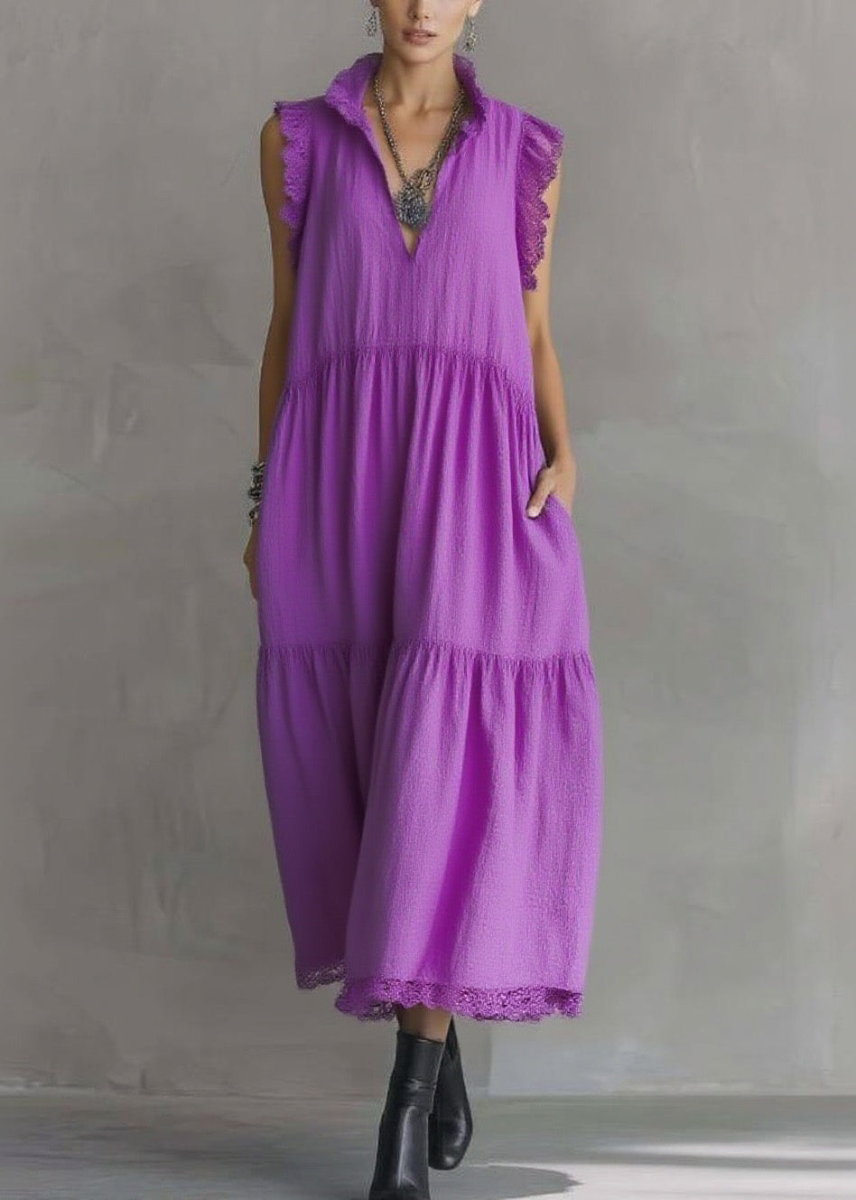 V-Neck Ruffled Collar Lace Trim Sleeveless Tiered Pocket Crinkle Midi Dress